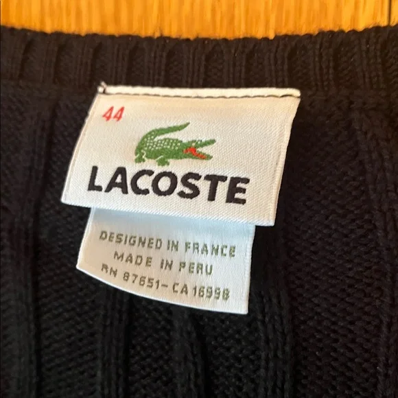 Lacoste Men’s Black Cotton Cable Knit V Neck Sweater Peru Size XL 44 EUC